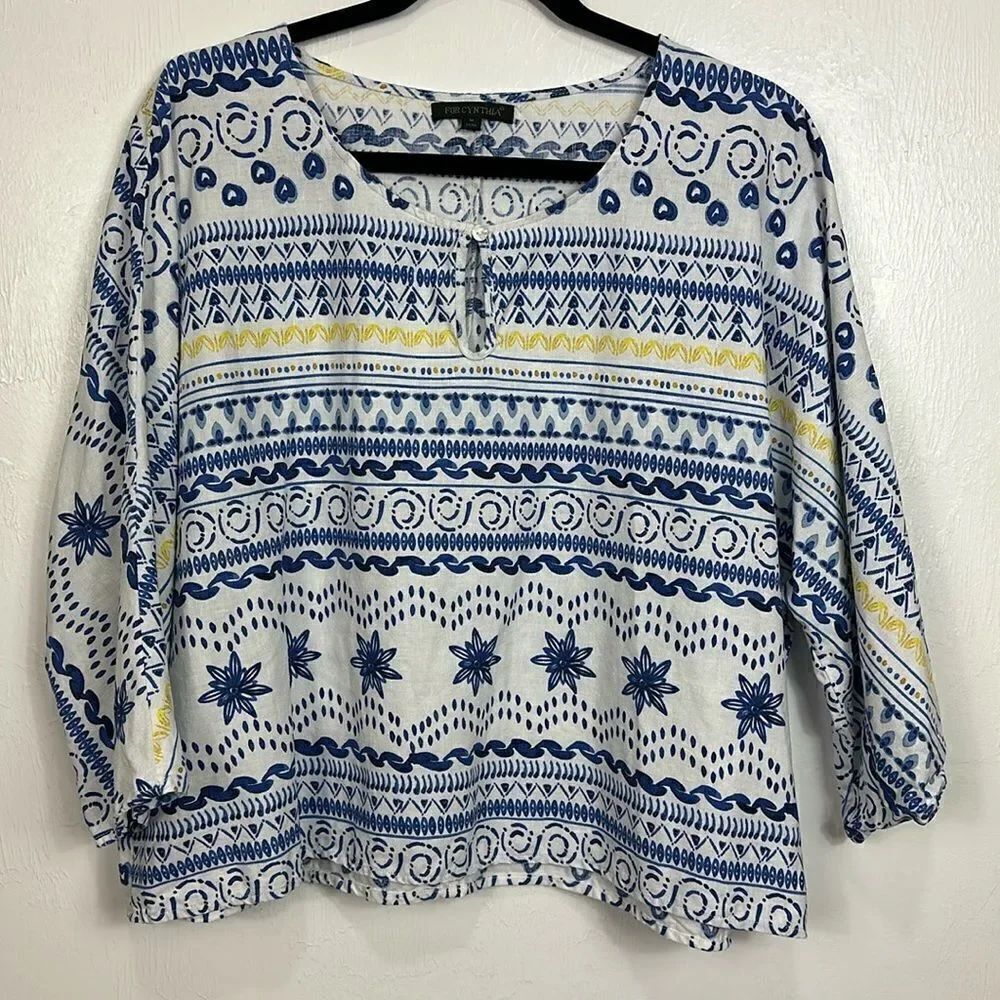 For Cynthia Dolman 3/4 Sleeve Linen Blend Printed Top Blouse Size M